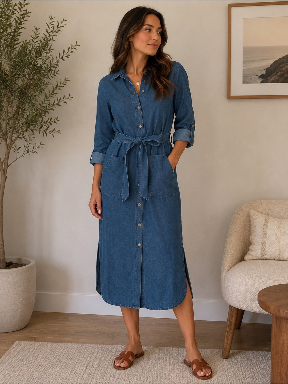 Warehouse Chambray Denim Shirt Dress Belted Button Front Size 12 Minimalist Chic